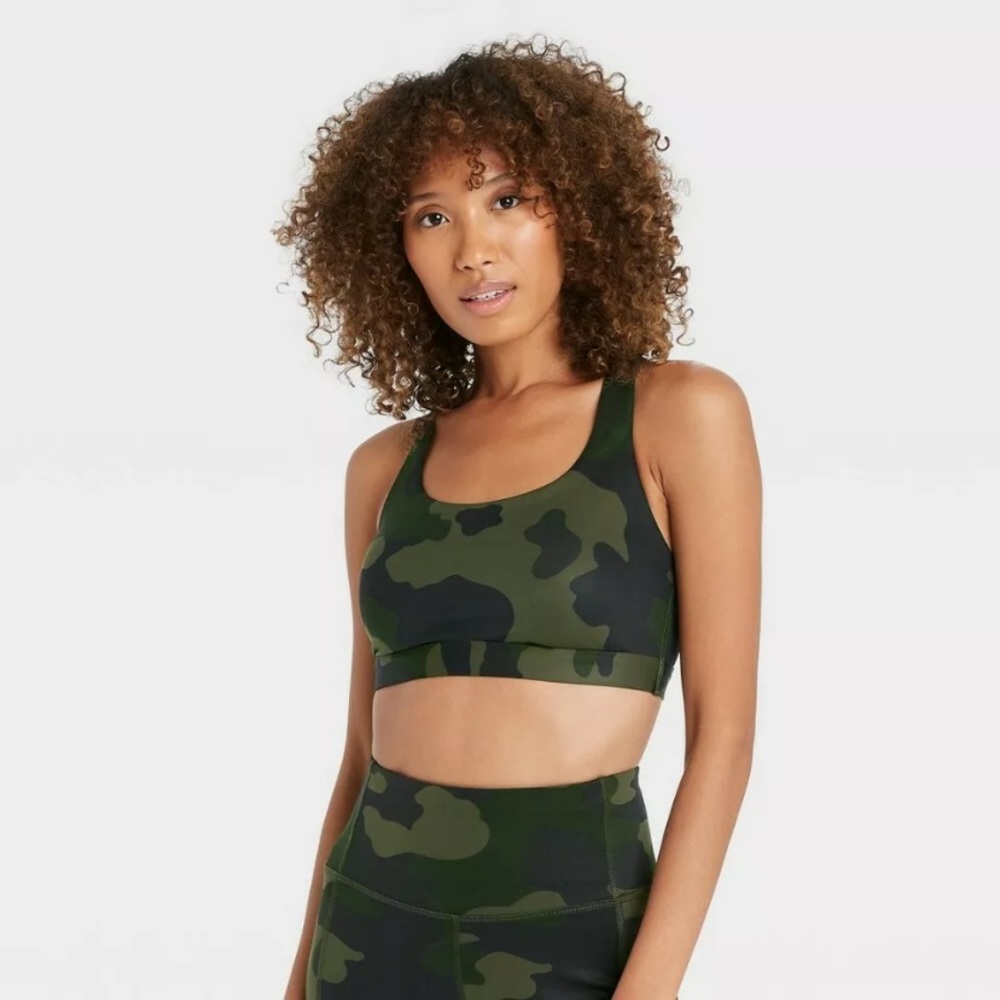 2  Camo Print Medium Support T-Back Bra- All in Motion Deep Olive And a beige